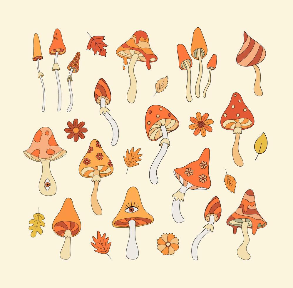 reeks van retro groovy champignons vlak vector illustratie in jaren 70 en 80s stijl. wijnoogst herfst uitstraling psychedelisch elementen, boho hippie clip art