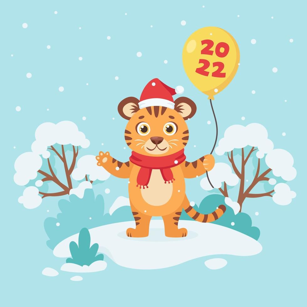 schattige tijger in een sjaal met een ballon wenst prettige kerstdagen en een gelukkig nieuwjaar 2022 op winterachtergrond. jaar van de tijger. vector illustratie