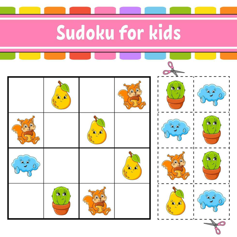 sudoku voor kinderen. onderwijs ontwikkelen werkblad. werkzaamheid bladzijde met afbeeldingen. puzzel spel voor kinderen. logisch denken opleiding. grappig karakter. vector illustratie.