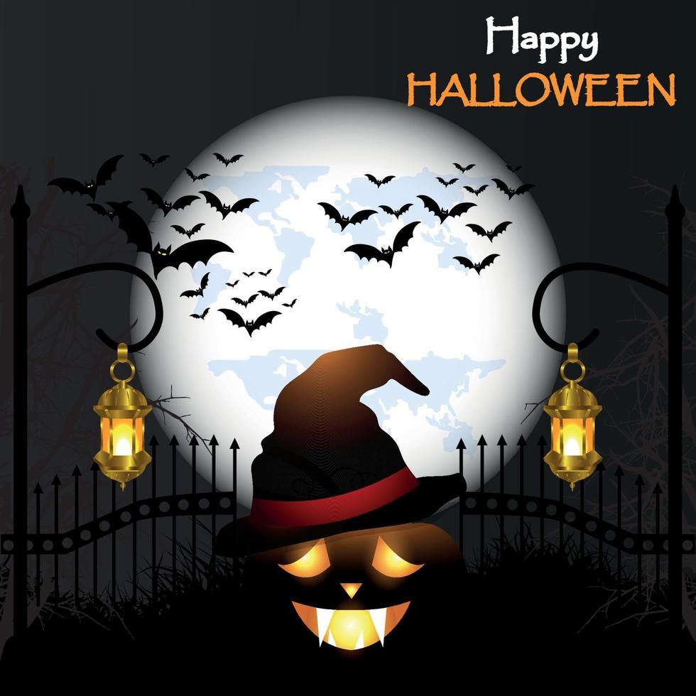 happy halloween night horror achtergrond met gloeiende pompoen, volle maan en vliegende vleermuizen vector