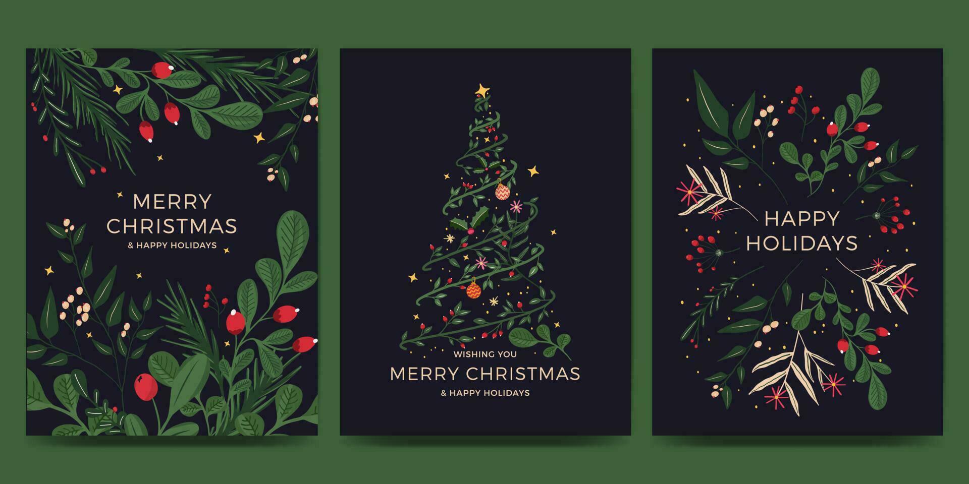 Kerstmis kaart reeks met natuur, bloem en fabriek vector