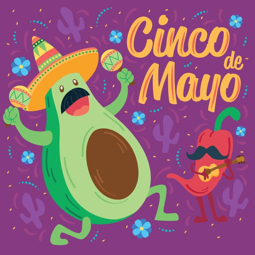 Mexicaanse avocado en chili peper cartoons cinco de mayo vector