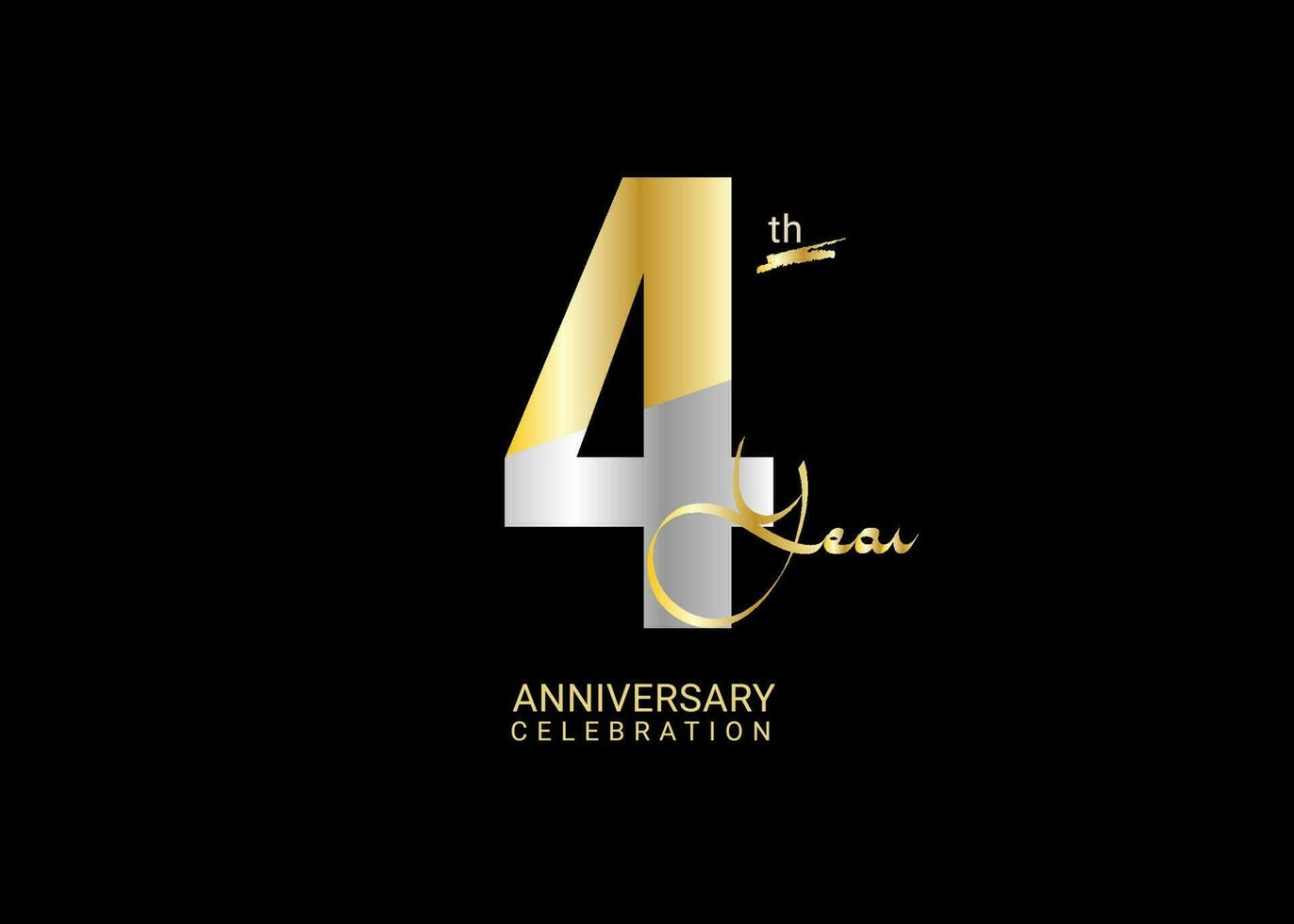 4 jaren verjaardag viering goud en zilver vector sjabloon, 4 aantal logo ontwerp, 4e verjaardag logo, logotype verjaardag, vector verjaardag voor viering, poster, uitnodiging kaart
