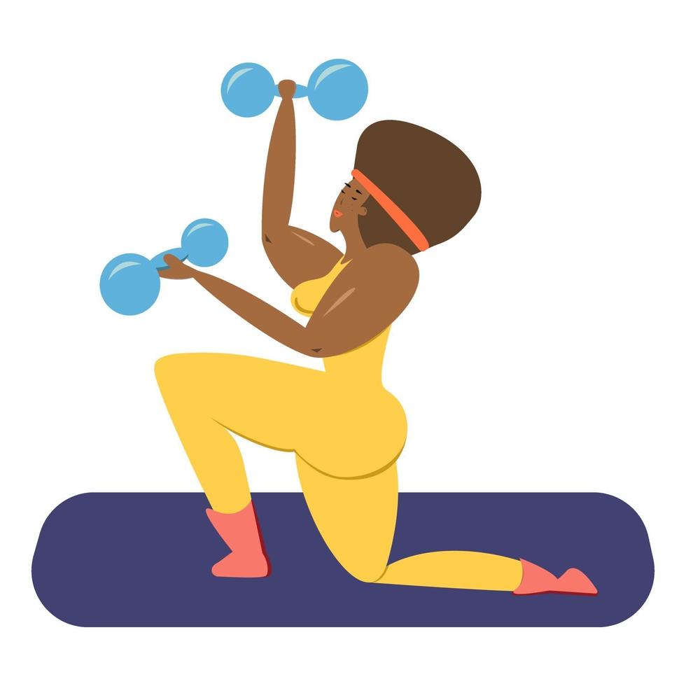 een zwarte vrouwelijke atleet. een zwarte vrouw met halters in haar handen schudt haar spieren. vector vlakke afbeelding