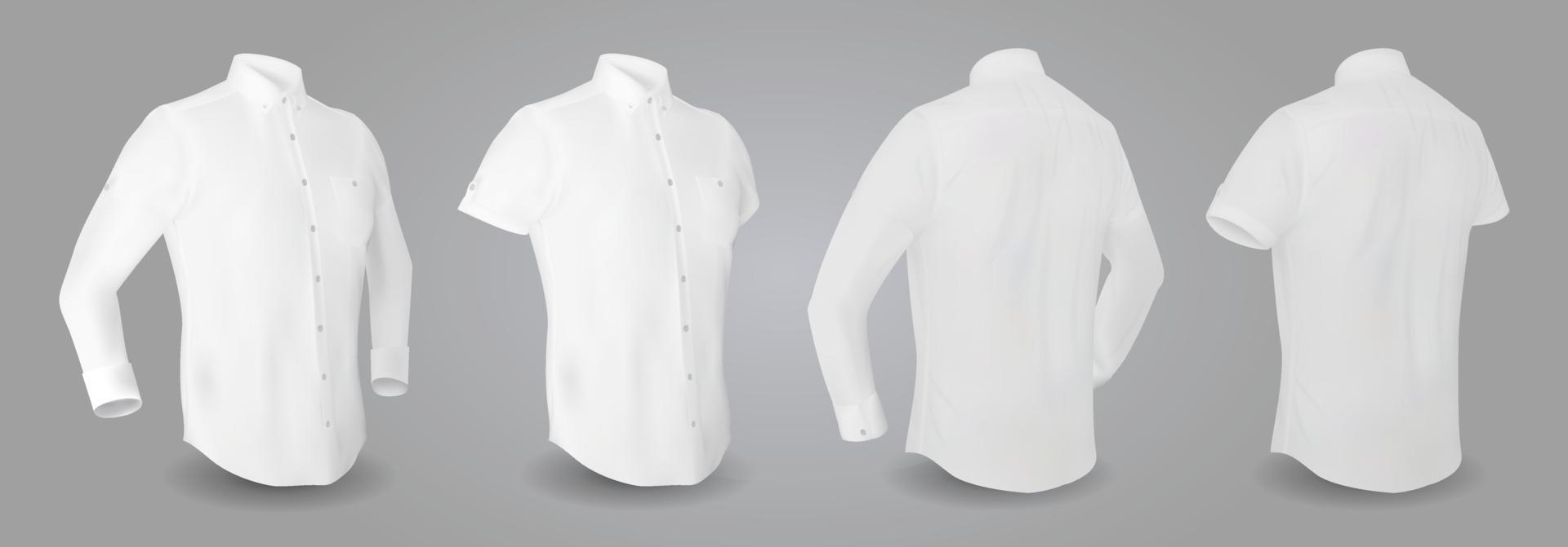 wit mannelijk overhemd met lange en korte mouwen en knopen aan de voorkant, achterkant en zijaanzicht, geïsoleerd op een grijze achtergrond. 3D-realistische vectorillustratie, patroon formeel of casual shirt vector