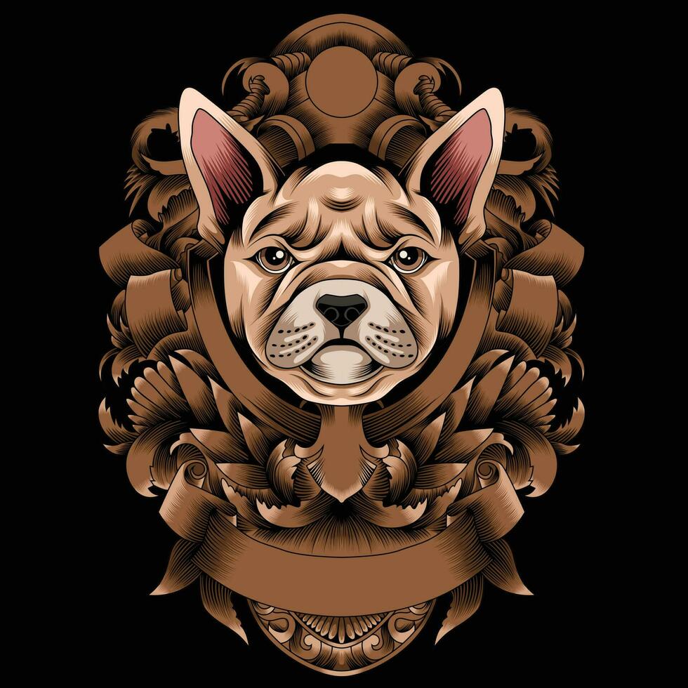 Frans bulldog vector illustratie met ornament achtergrond