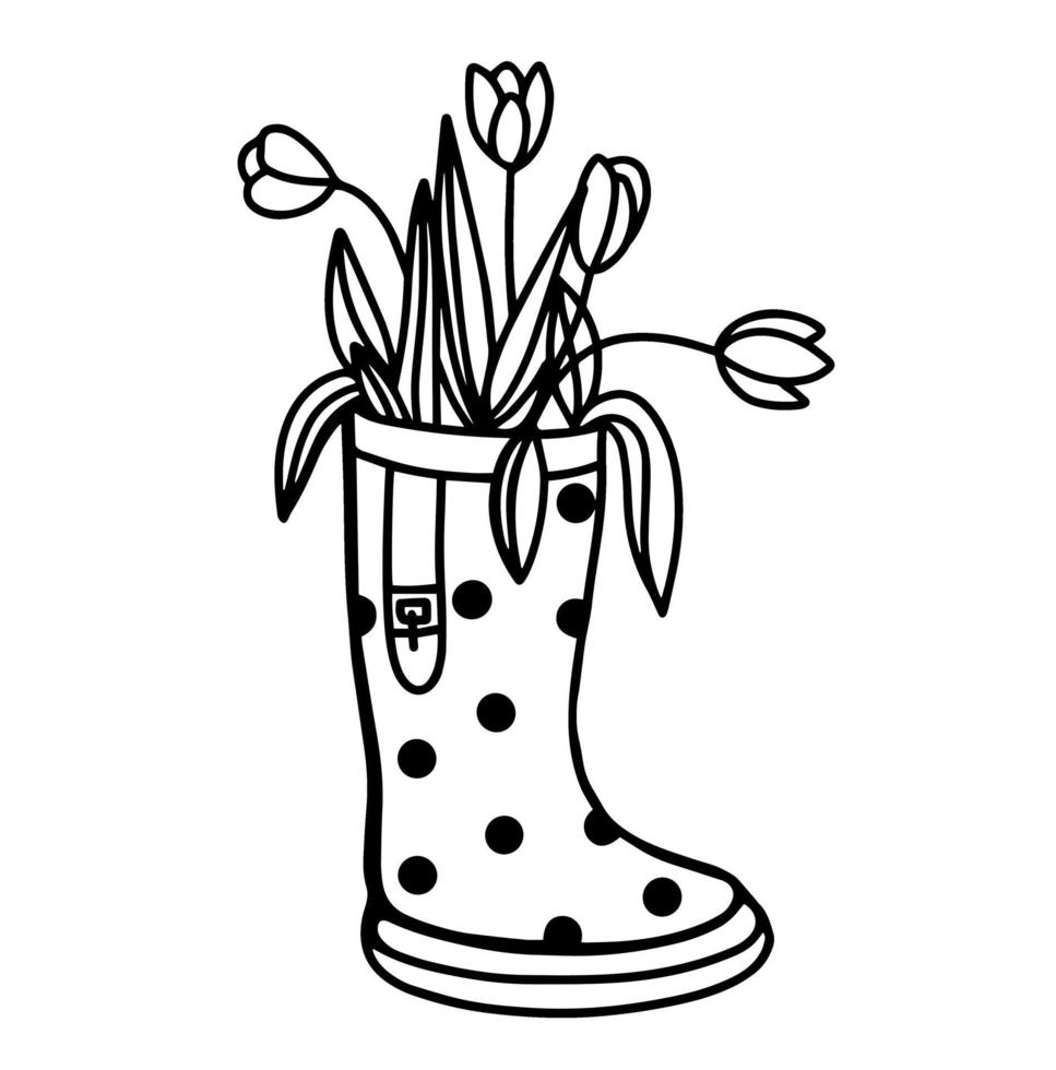 bloemen in rubberen laarzen. rubberen laars met bloemen. vector illustratie van Lentebloemen in een tuin schoen. doodle stijl.