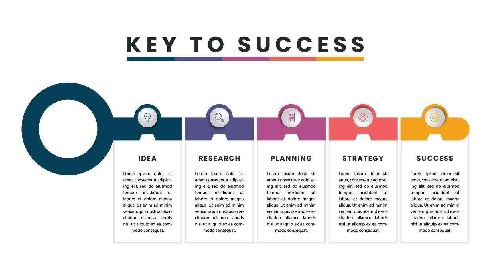 sleutel naar succes infographic sjabloon. creatief concept met vijf stappen, opties en pictogrammen. vector