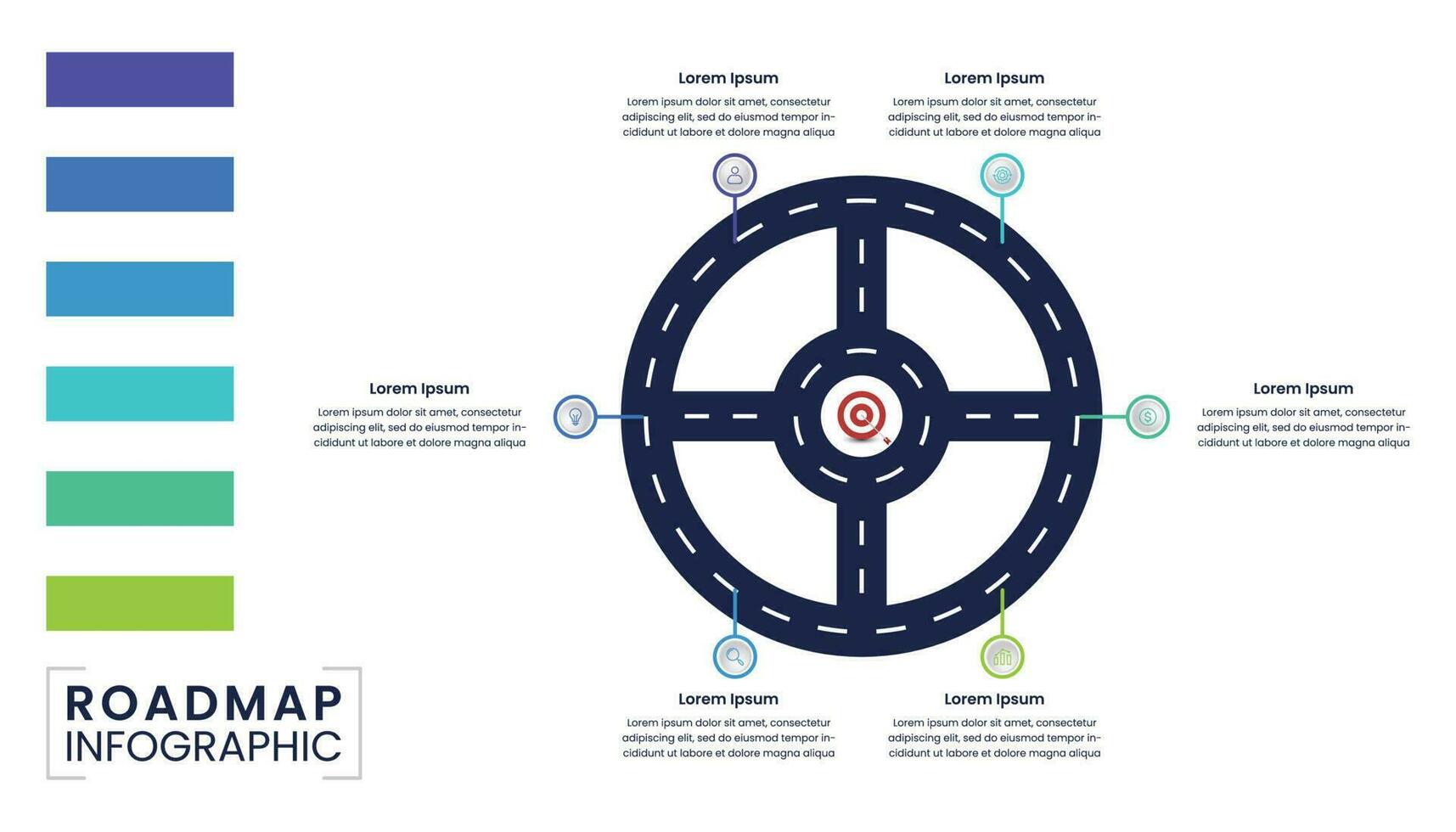 cirkel routekaart infographic met pictogrammen, zes stappen of opties vector