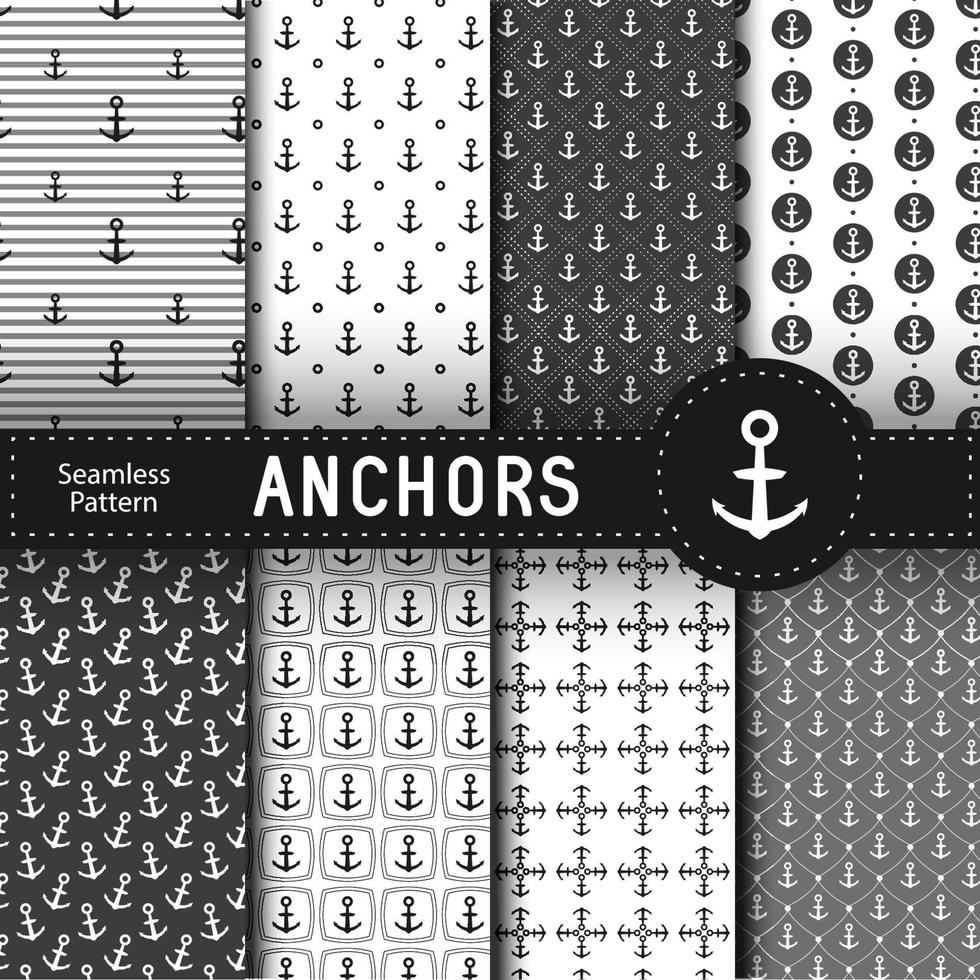 set van 8 vector naadloze geometrische patroon met ankers nautische achtergrond in minimalistische stijl vintage maritieme achtergrond voor textuur kaart textiel papier vectorillustratie