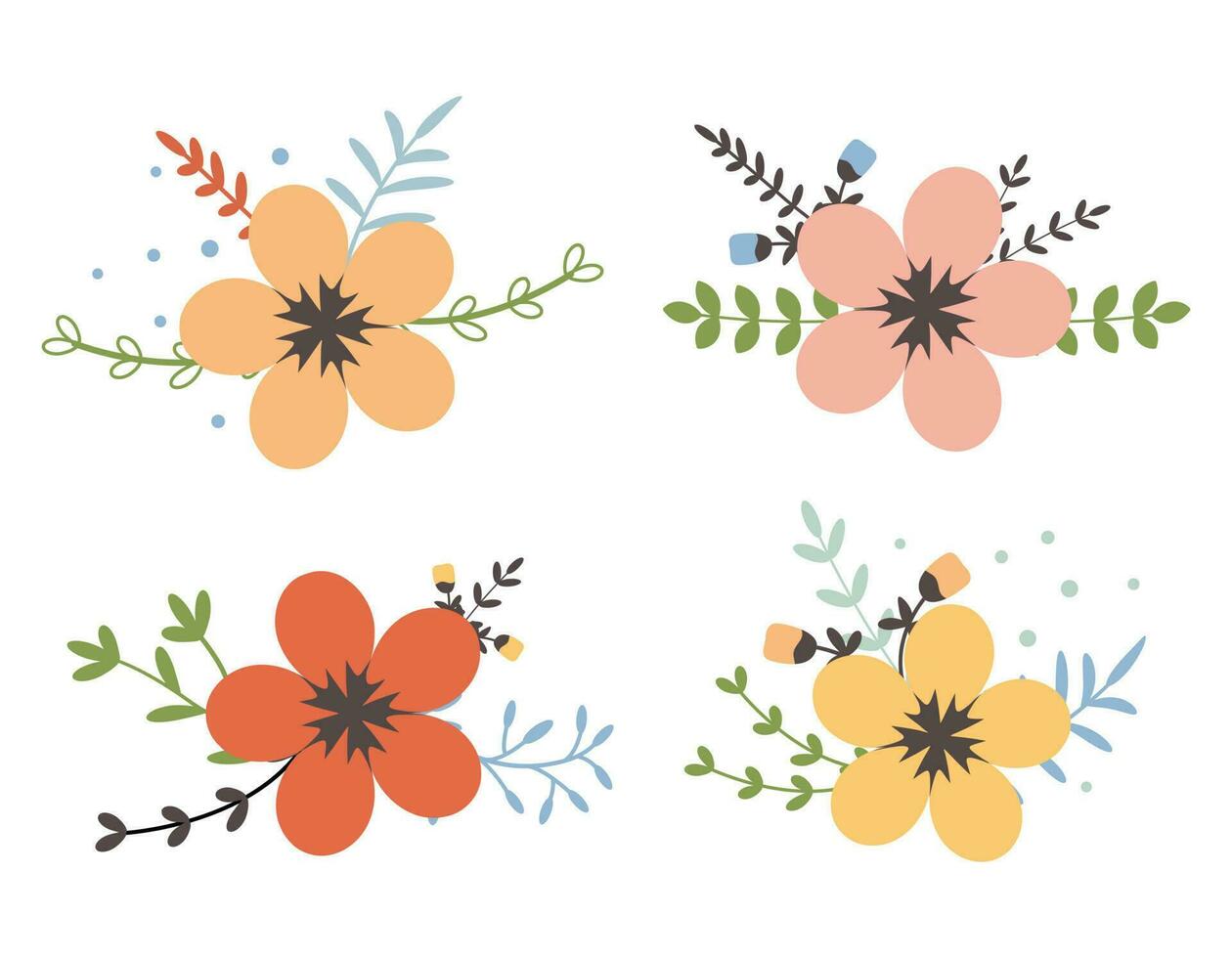 bloem met bladeren, bloemen boeketten set. vector bloemen. voorjaar kunst. gelukkig Pasen, vrouw dag element. volk stijl. posters voor de voorjaar vakantie geïsoleerd Aan wit achtergrond.