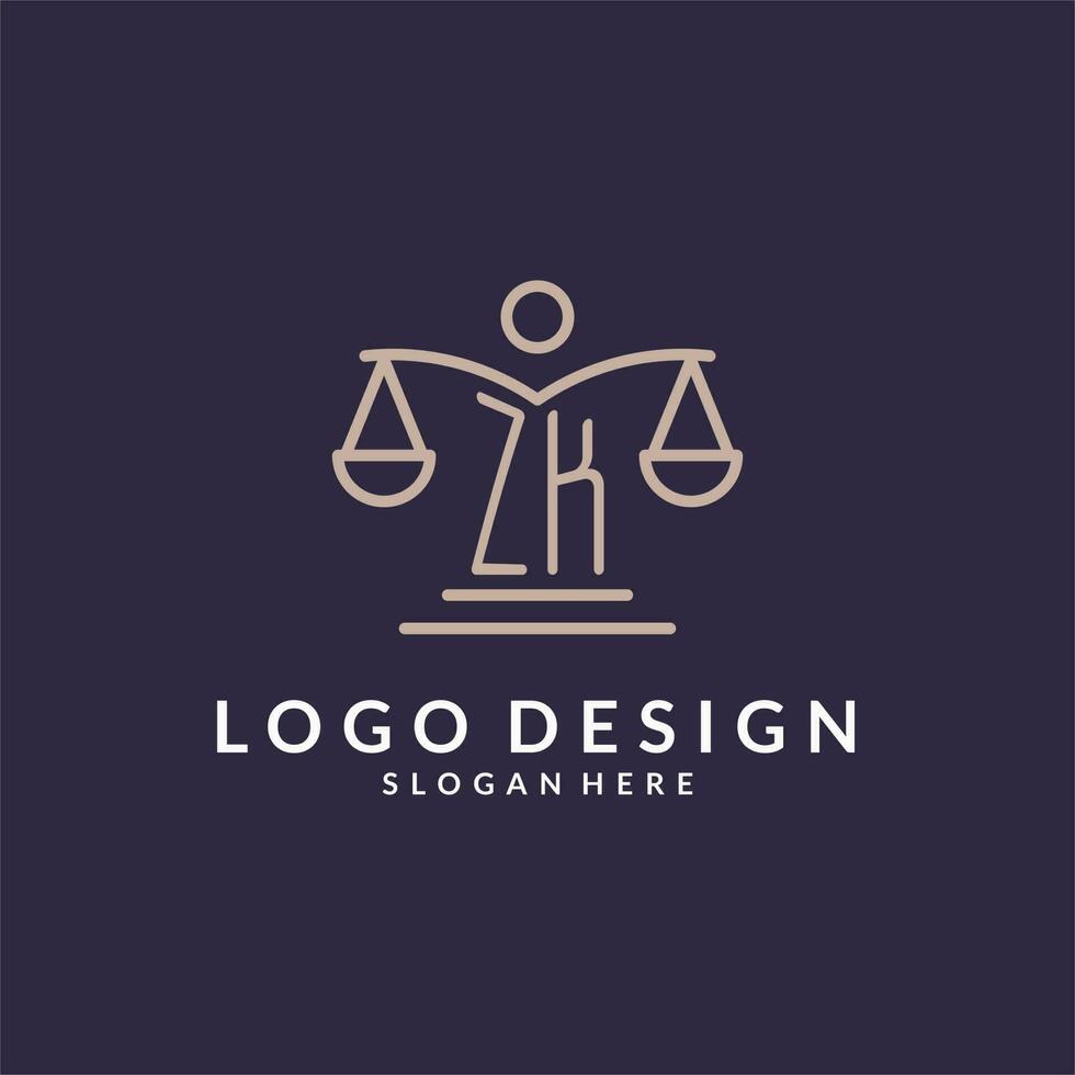 zk initialen gecombineerd met de balans van gerechtigheid icoon, ontwerp inspiratie voor wet bedrijven in een modern en luxueus stijl vector