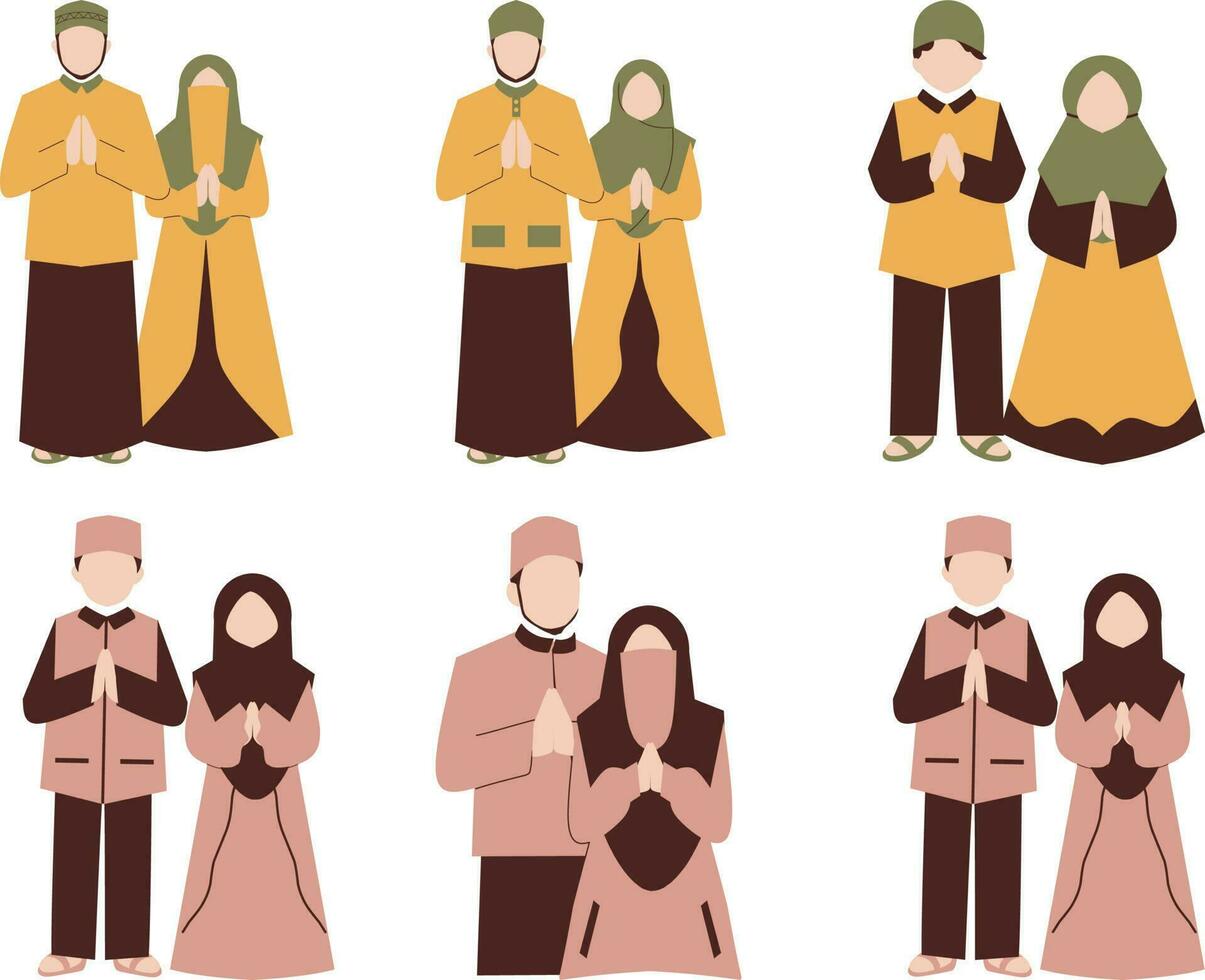 reeks van moslim mannen en Dames in traditioneel kleren. vector illustratie.