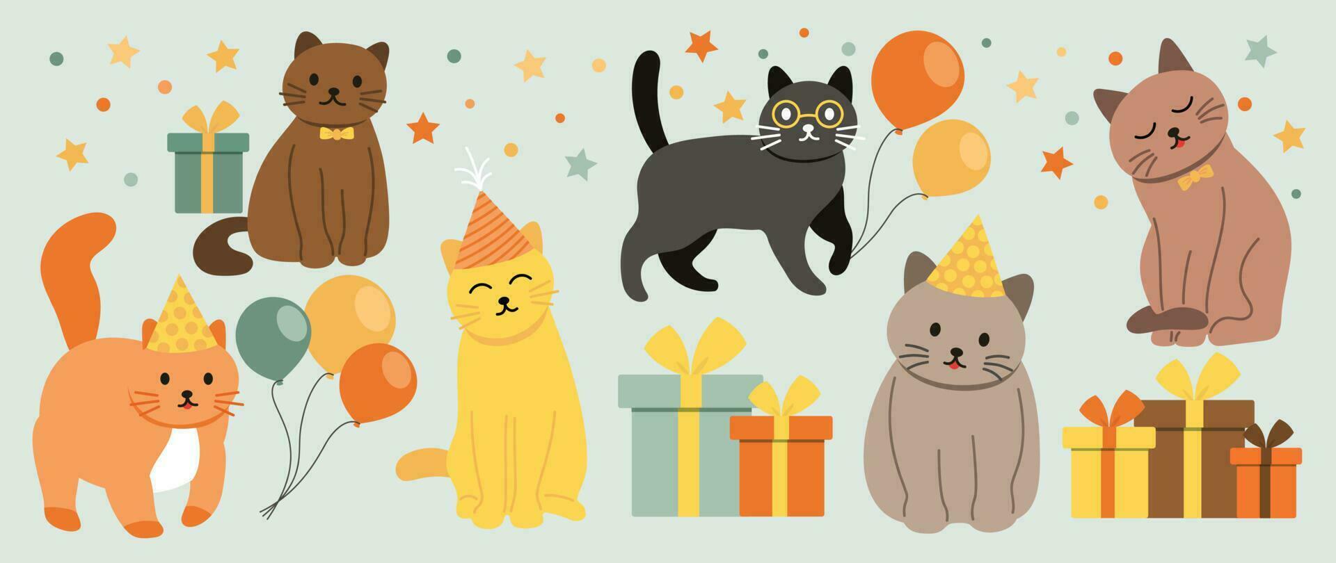 gelukkig verjaardag concept dier vector set. verzameling van aanbiddelijk huisdier, kat, ballon, geschenk. verjaardag partij grappig dier karakter illustratie voor groet kaart, uitnodiging, kinderen, opleiding, afdrukken.