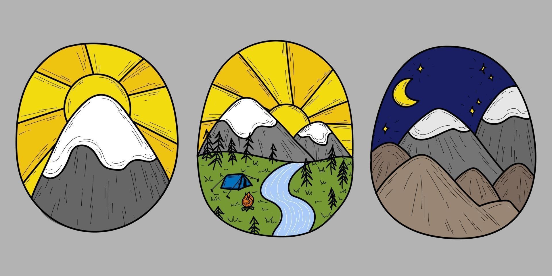 doodle schattig bergen natuur wandeling geïsoleerde lijn logo collectie hand getrokken vector illustraties ochtend en nacht set schets voor een tatoeage