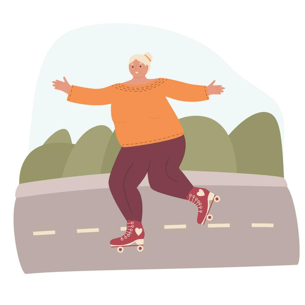 oud vrouw skaten in de park. actief oud vrouw. extreem stad sport, gezond levensstijl. voorraad vector illustratie in vlak stijl.