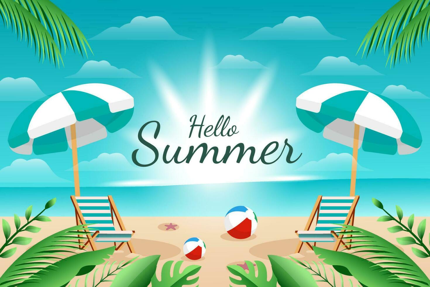 Hallo zomer illustratie zonnig strand achtergrond ontwerp met paraplu, stoel, ballen, en bladeren vector