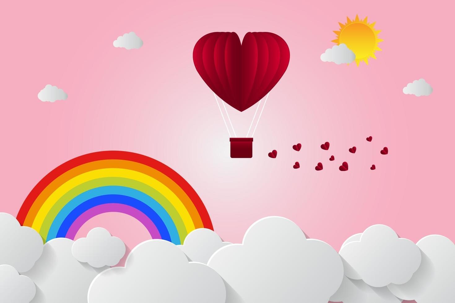 Valentijnsdag ballonnen in een hartvormig vliegen over de achtergrond van de grasweergave, papier kunststijl. vector illustrator