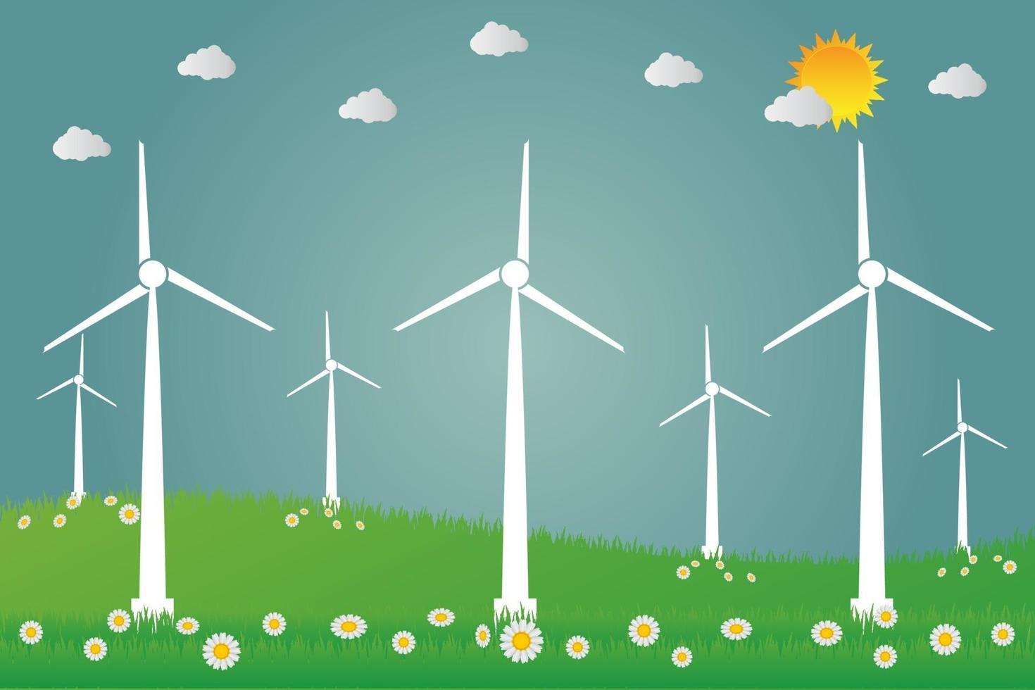 windturbines met zon schone energie met ideeën van het weg milieuvriendelijke concept. vector illustratie