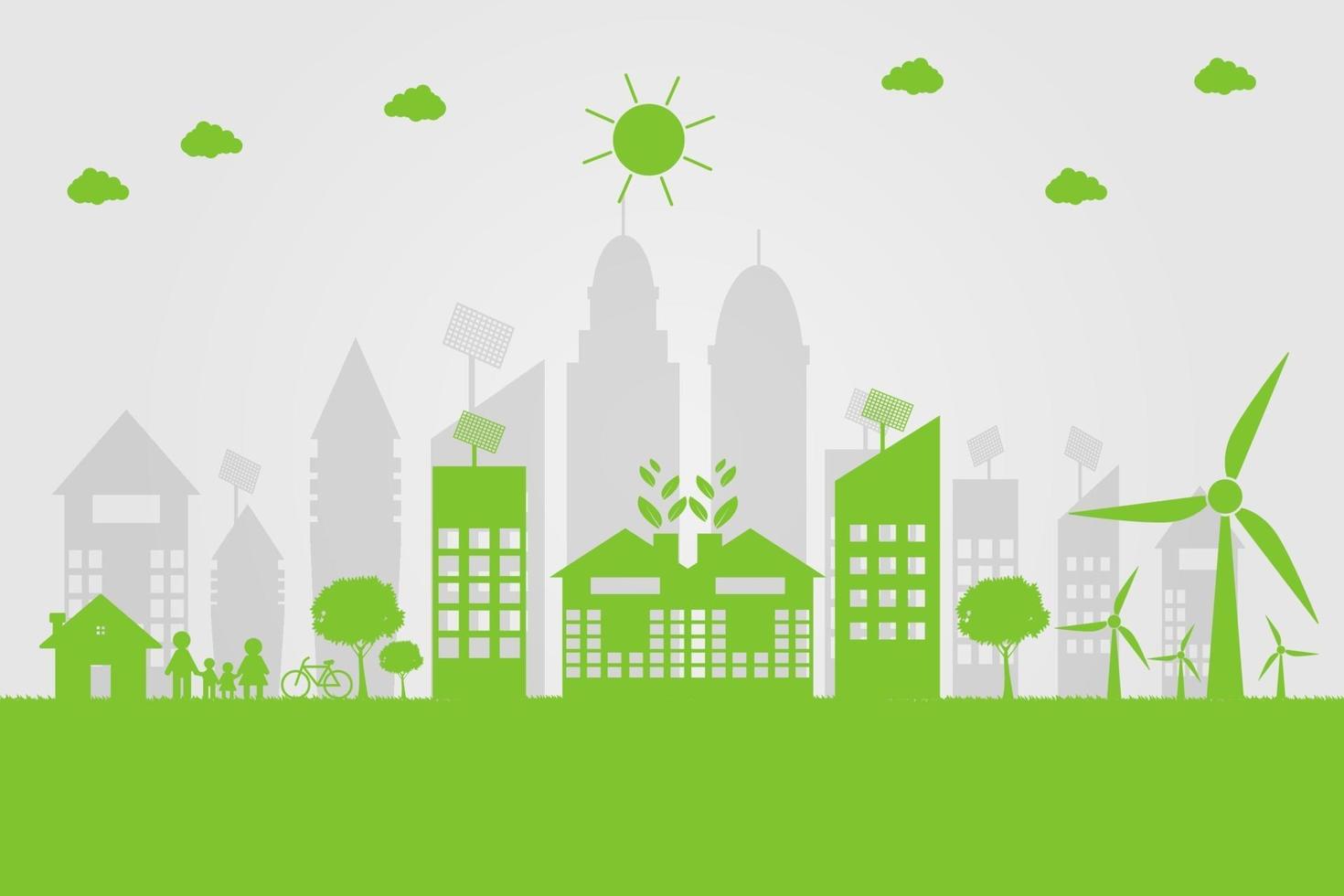 groene steden helpen de wereld met milieuvriendelijke conceptideeën. vector illustratie