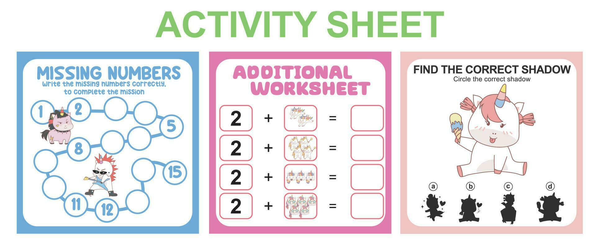 werkzaamheid vel voor kinderen. 3 in 1 leerzaam afdrukbare werkblad. missend nummers, tellen werkblad en bij elkaar passen schaduw werkblad. vector illustraties.