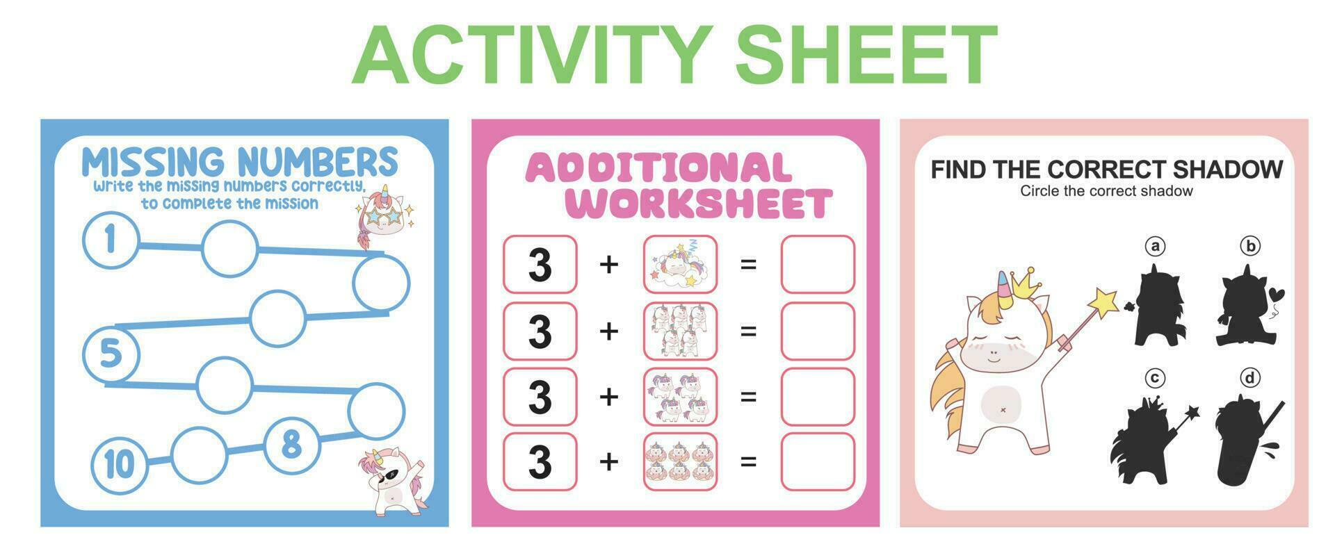 werkzaamheid vel voor kinderen. 3 in 1 leerzaam afdrukbare werkblad. missend nummers, tellen werkblad en bij elkaar passen schaduw werkblad. vector illustraties.