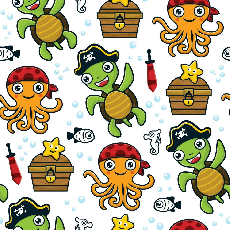 naadloos patroon vector van tekenfilm grappig marinier dieren in piraat kostuum met piraten element illustratie