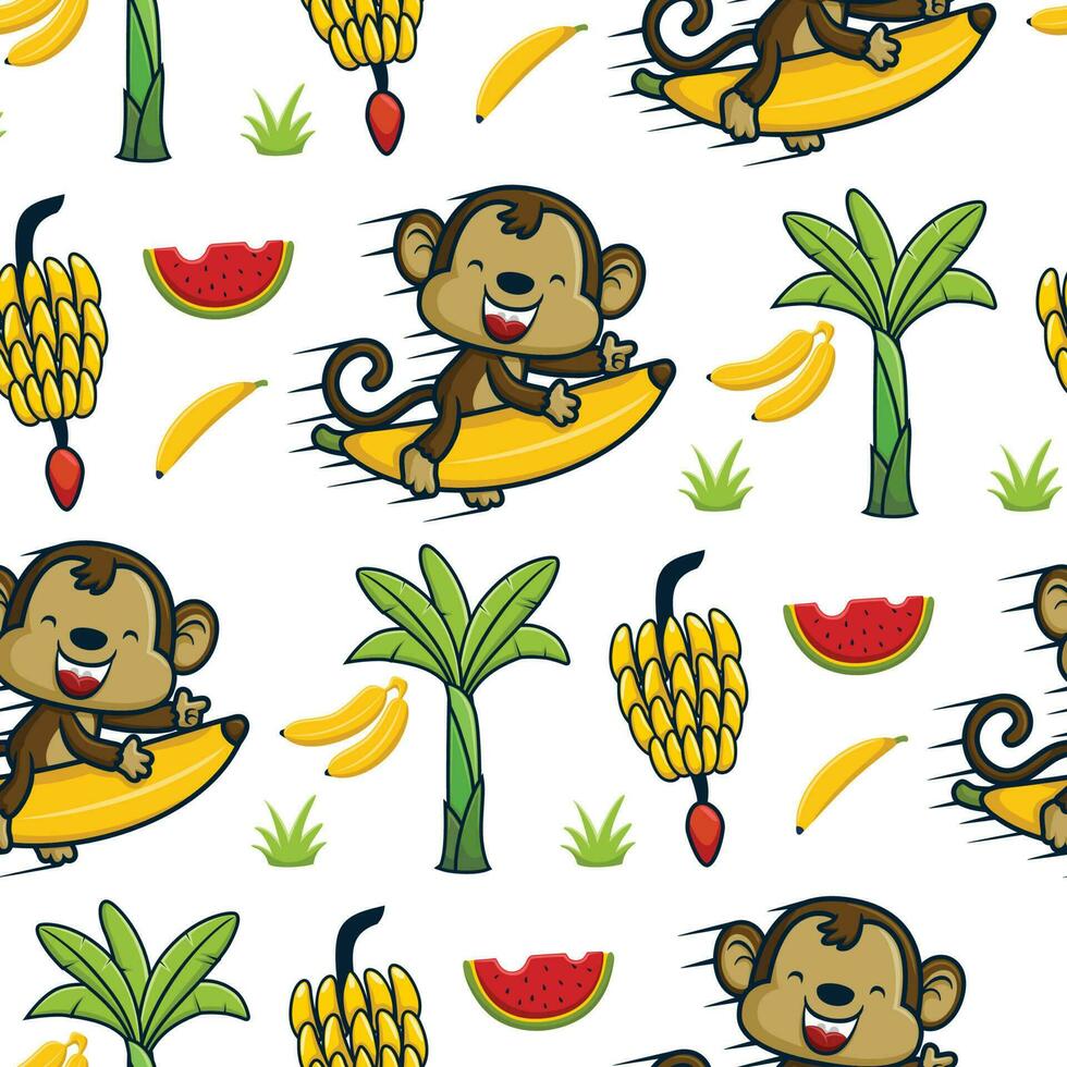 naadloos patroon vector van grappig aap rijden vliegend banaan, banaan boom en fruit
