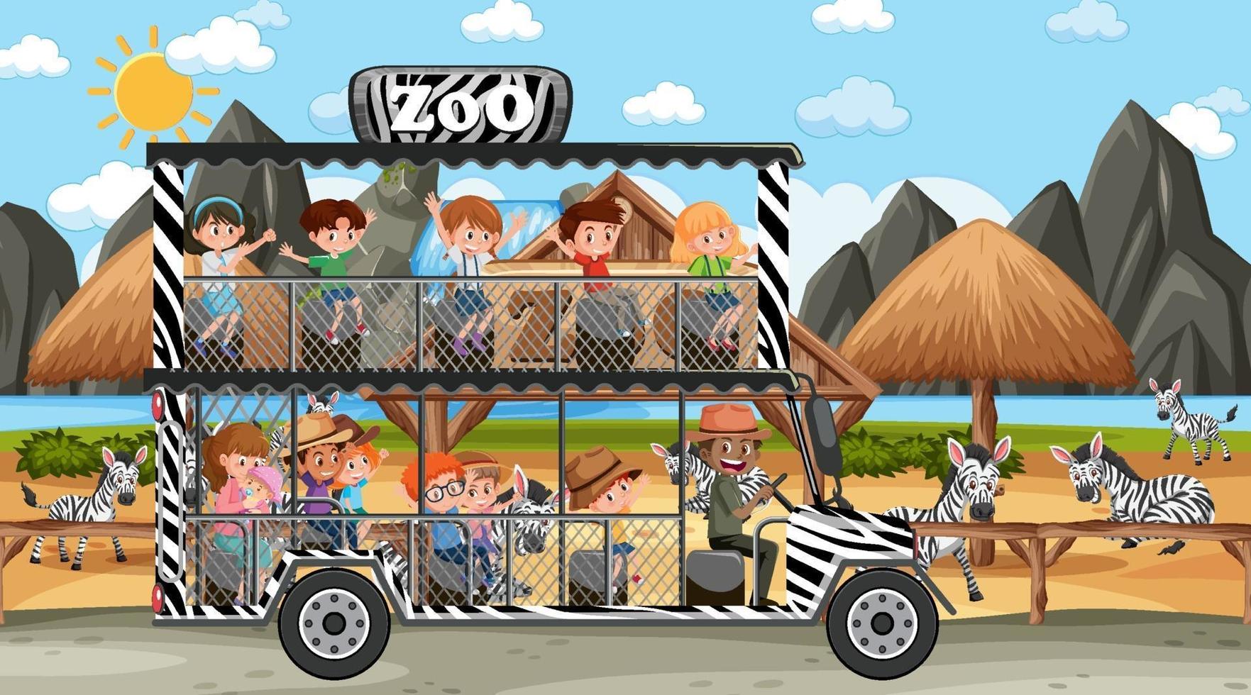 safari overdag met kinderen kijken naar zebra-groep vector