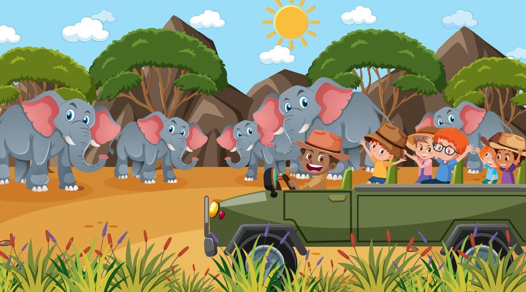 safari overdag met veel kinderen die naar olifanten kijken vector