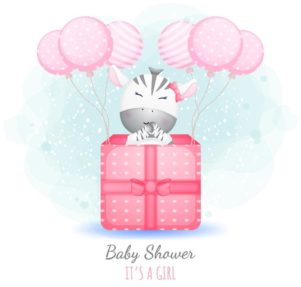 babyshower het is een meisje. schattige babyzebra in een geschenkdoos met ballonnen premium vector