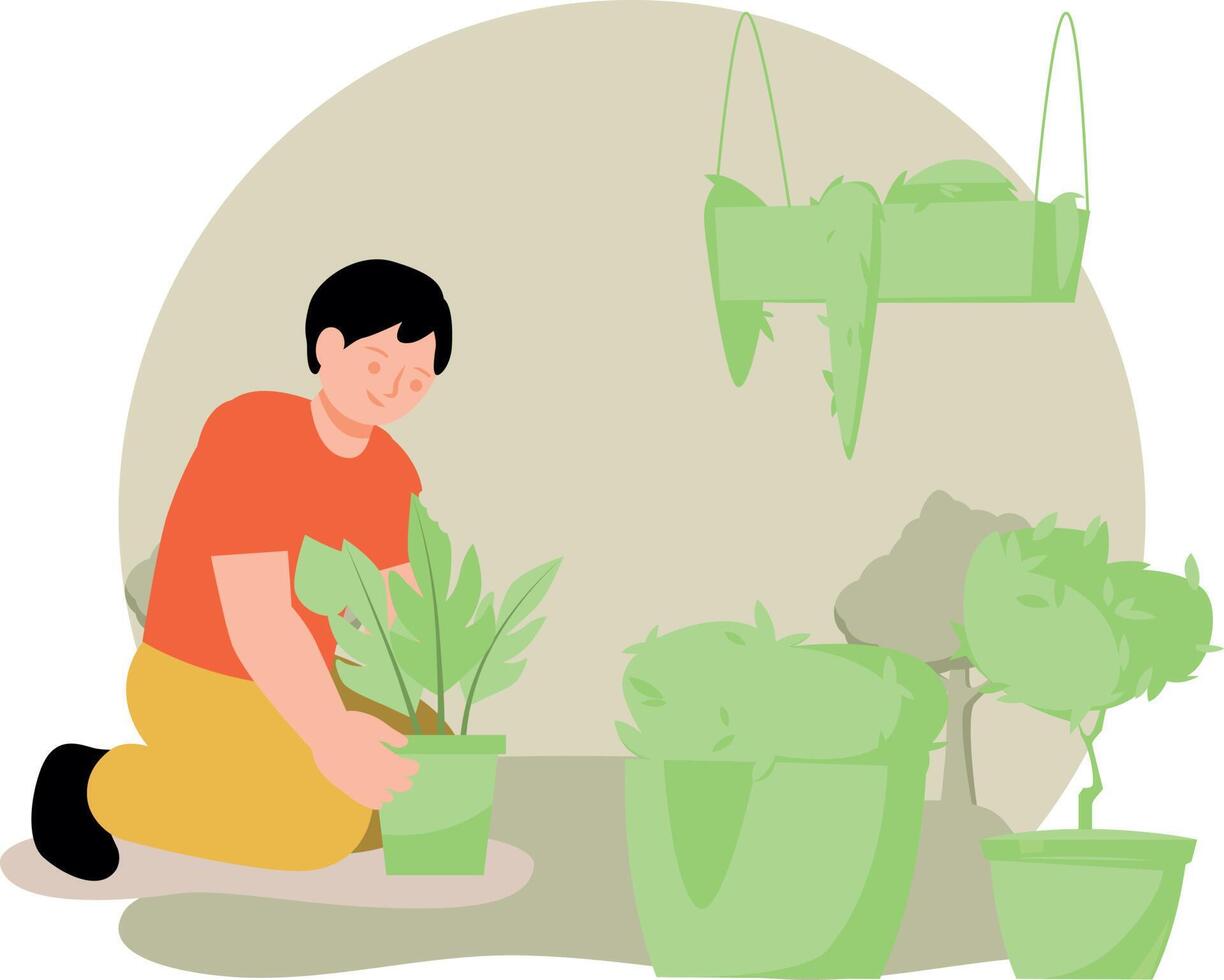 de jongen is nemen zorg van de planten. vector