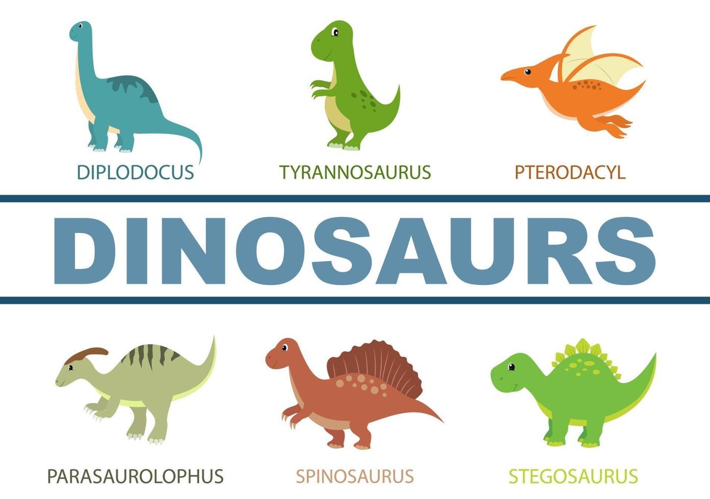 schattige dinosaurussen stripfiguren illustratie als spinosaurus, parasaurolophus, stegosaurus, tyrannosaurus, pterodactyl en diplodocus vector