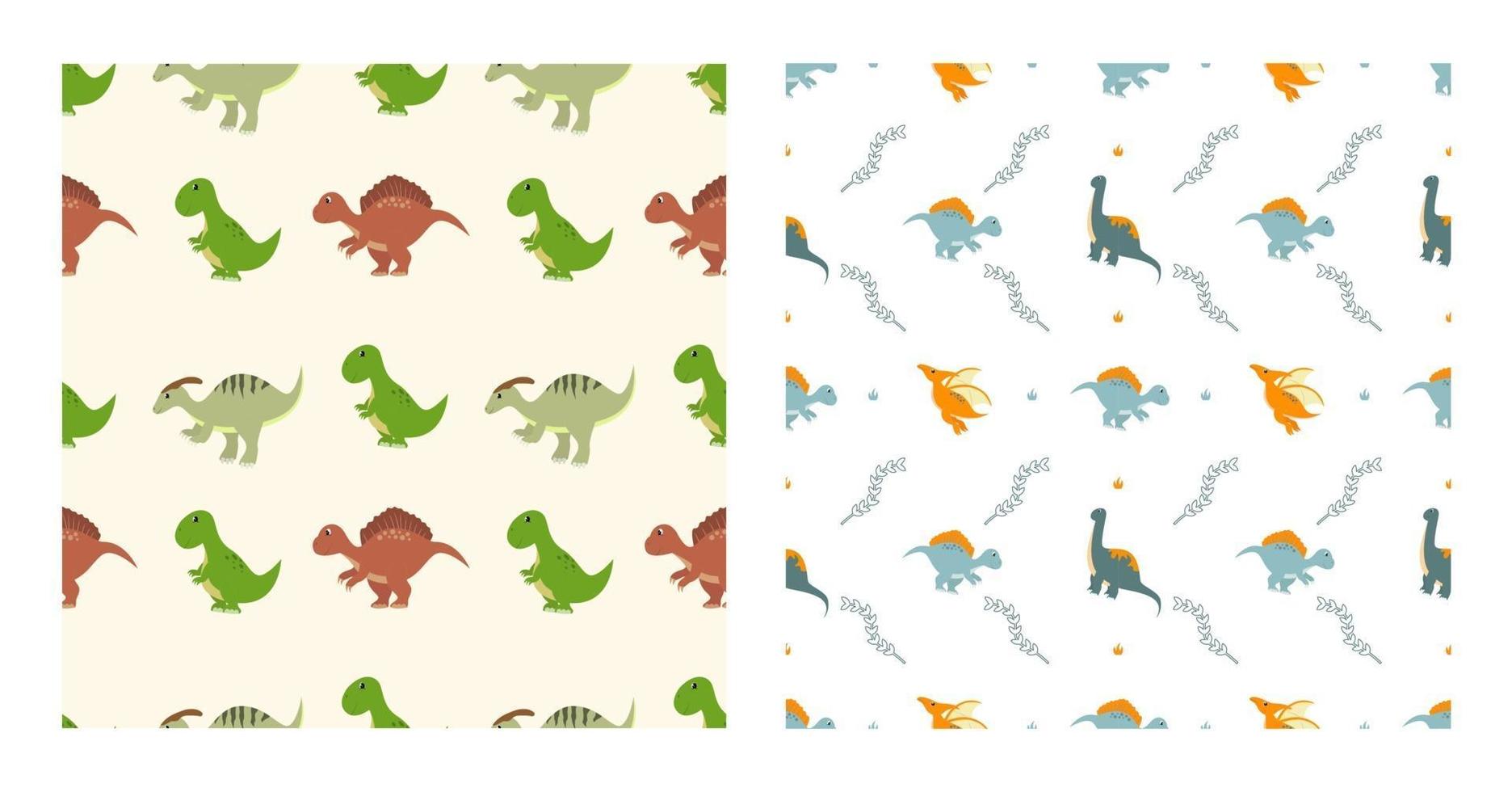 schattige cartoon dinosaurussen naadloze patroon als spinosaurus, parasaurolophus, stegosaurus, tyrannosaurus, pterodactyl en diplodocus op wallpaper achtergrond of posters. illustratie vector