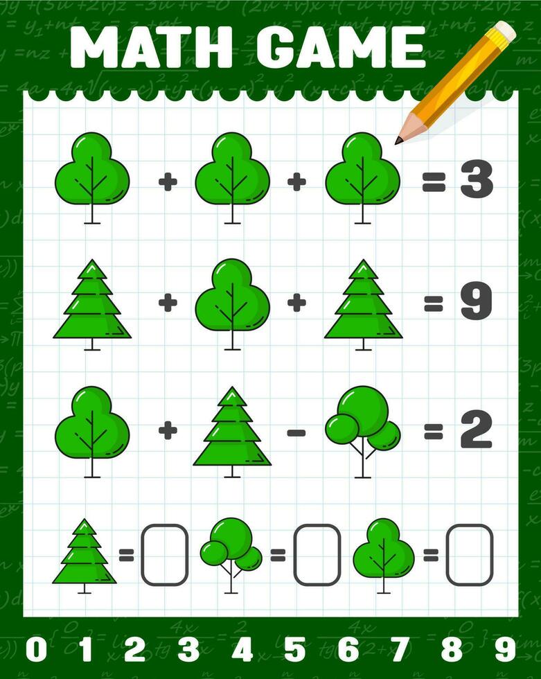 groen Woud bomen wiskunde spel werkblad raadsel vector