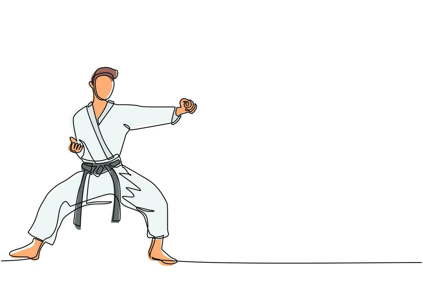 enkele één lijntekening jonge getalenteerde karateka man train met punch pose voor duelgevechten in dojo gym center. het beheersen van martial art sport concept. moderne ononderbroken lijntekening ontwerp grafische vector