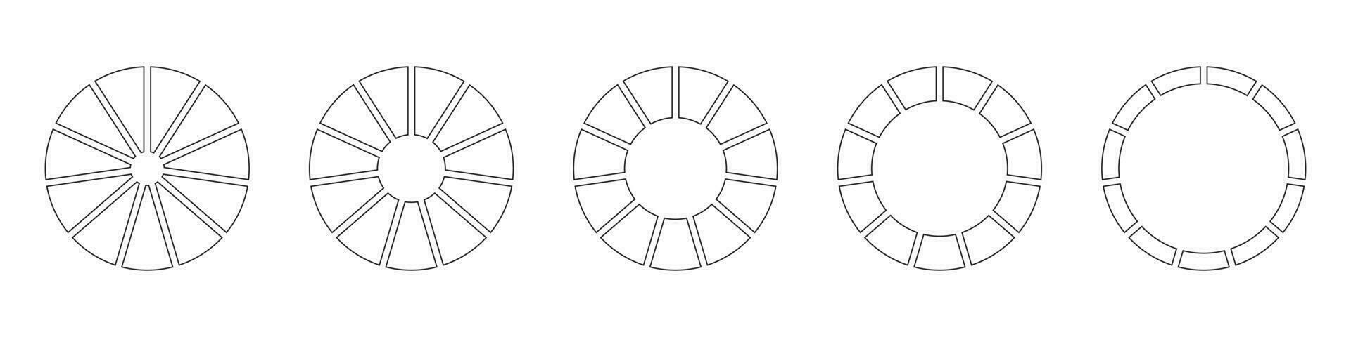 wielen ronde verdeeld in tien secties. schets donut grafieken of taarten gesegmenteerd Aan 11 Gelijk onderdelen. diagrammen infographic set. cirkel sectie diagram lijn kunst. taart tabel pictogrammen. meetkundig vector elementen.