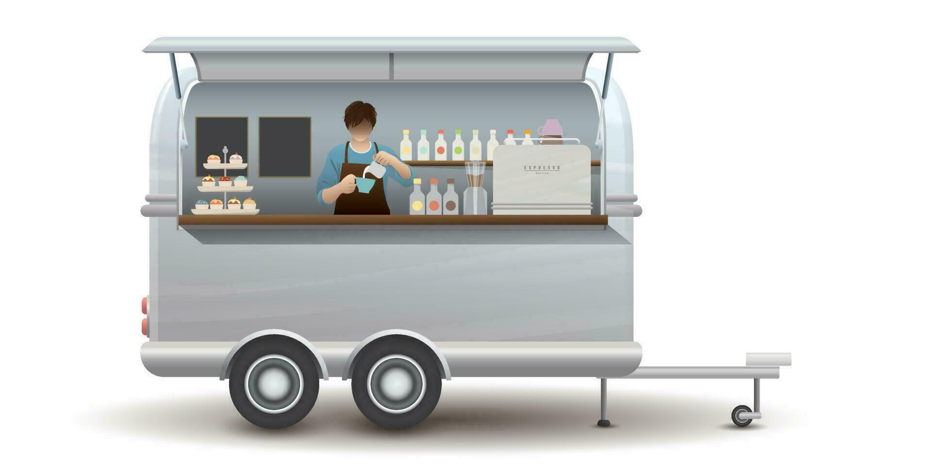 straat cafe busje aanhangwagen met barista binnen geïsoleerd vector illustratie. klein bedrijf en straat voedsel concept.