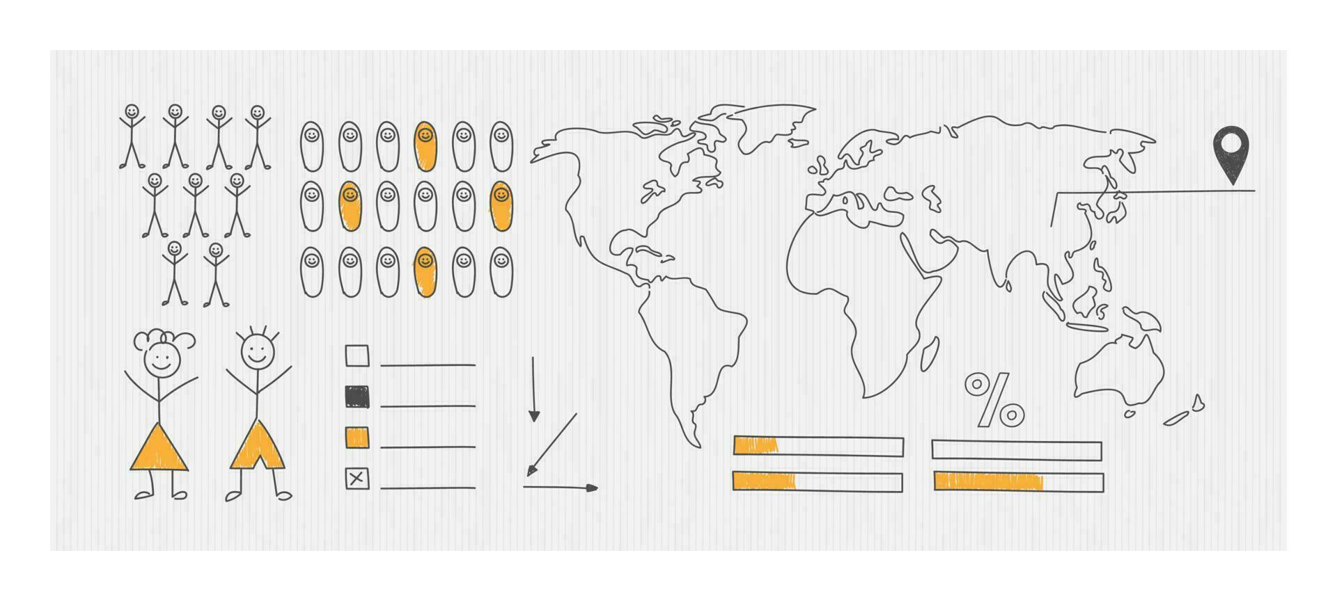 een schematisch kaart van de wereld voor statistieken visualisatie. hand- getrokken elementen van infographics. vector