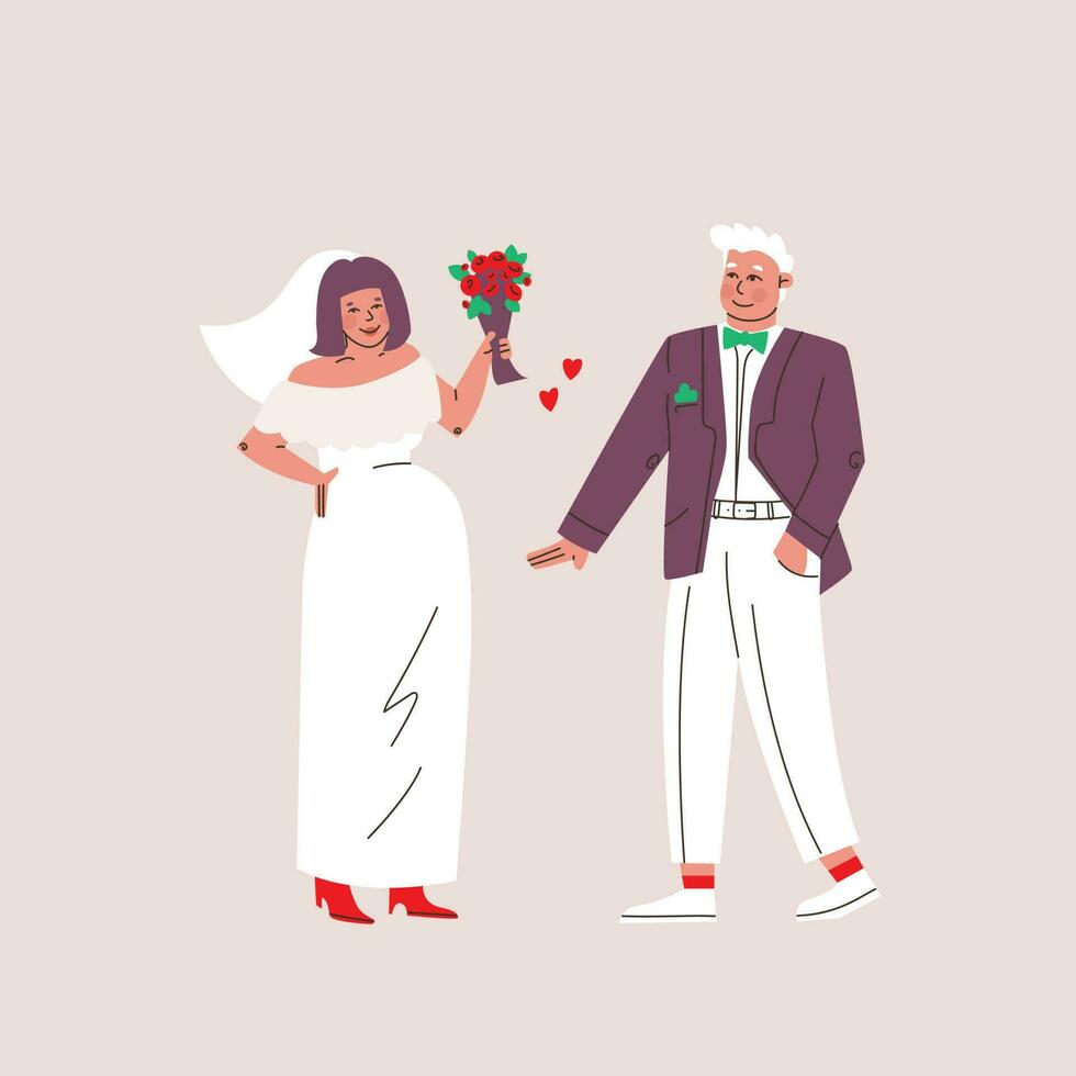 bruiloft van jong mannen en Dames. zwanger bruid en bruidegom in een pak en Holding bloemen, bruiloft verjaardag. schattig vector geïsoleerd illustraties.