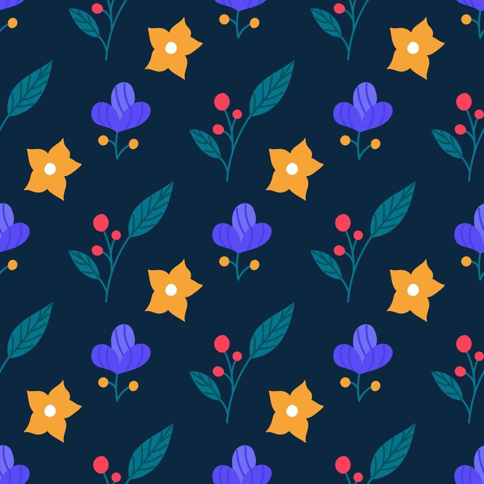 heldere schattige bloemen en planten op een blauwe achtergrond. vector naadloze patroon in een vlakke stijl