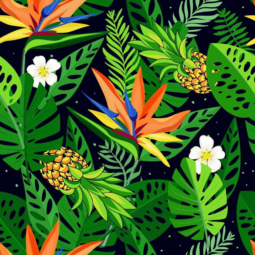 naadloze patroon met tropische bloemen en bladeren van strelitzia. hand getrokken, vector, heldere kleuren. achtergrond voor prints, stof, wallpapers, inpakpapier. vector