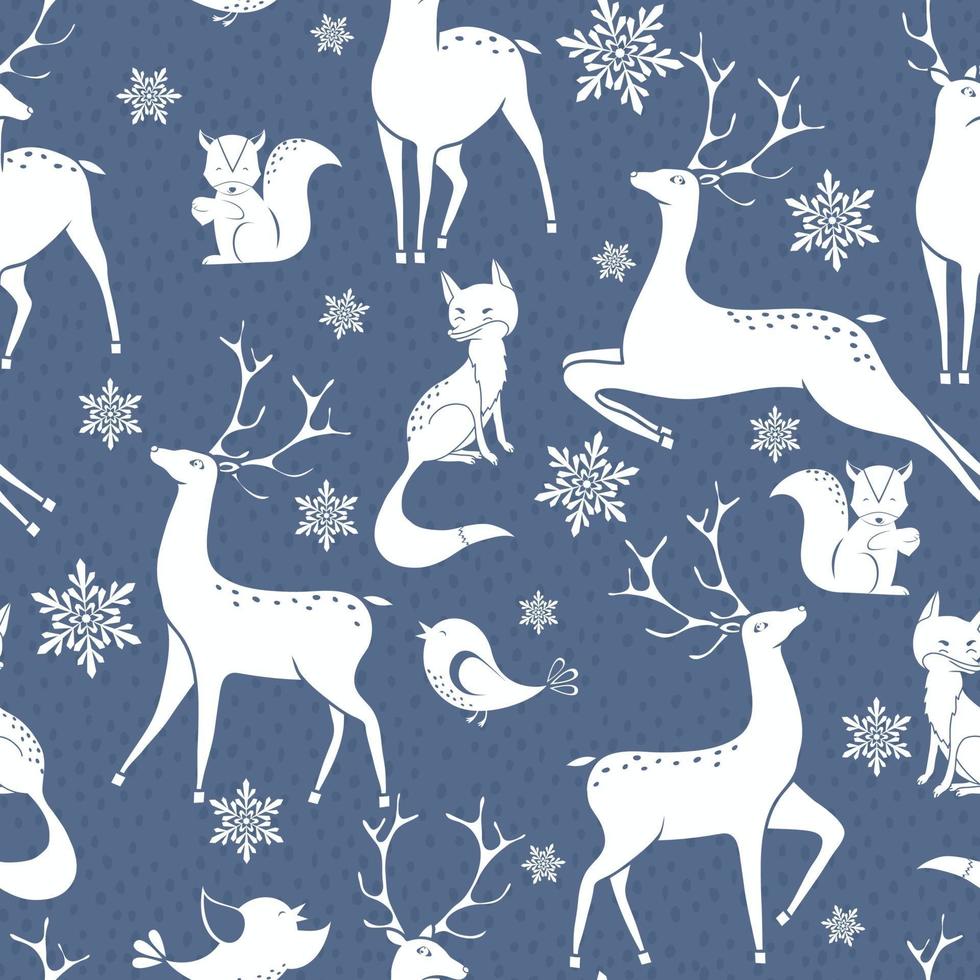 winter naadloze vector patroon met sneeuwvlokken, herten, vossen en birdbird. kan worden gebruikt voor behang, opvulpatronen, oppervlaktestructuren, stoffenprints.
