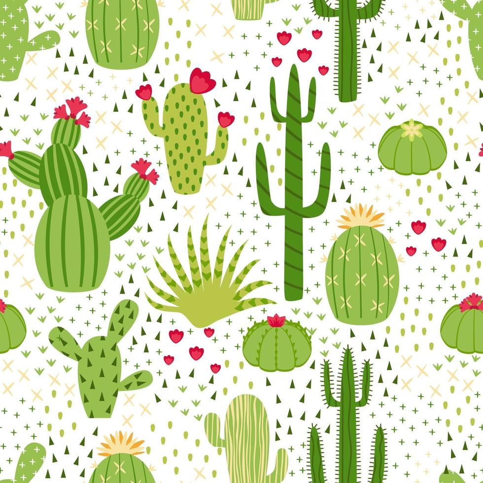 naadloze schattige cactus illustratie. tropisch patroon van verschillende cactussen, aloë en bloemen. print voor stof, telefoonhoesje en inpakpapier. vector