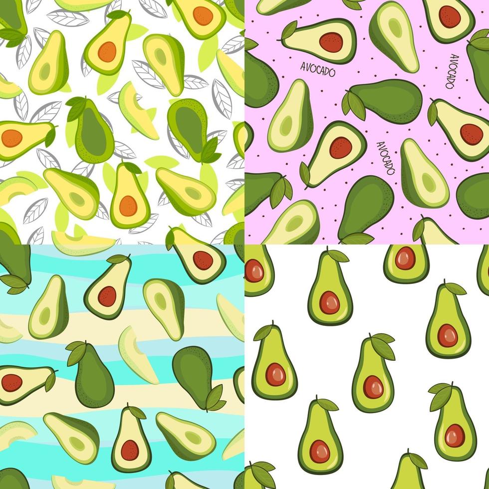 set van vector naadloze achtergrond met avocado fruit plakjes op verschillende achtergronden. textuur voor eco en gezond voedsel naadloos patroon voor keuken, voor afdrukken op zomersextiel en telefoonhoes.