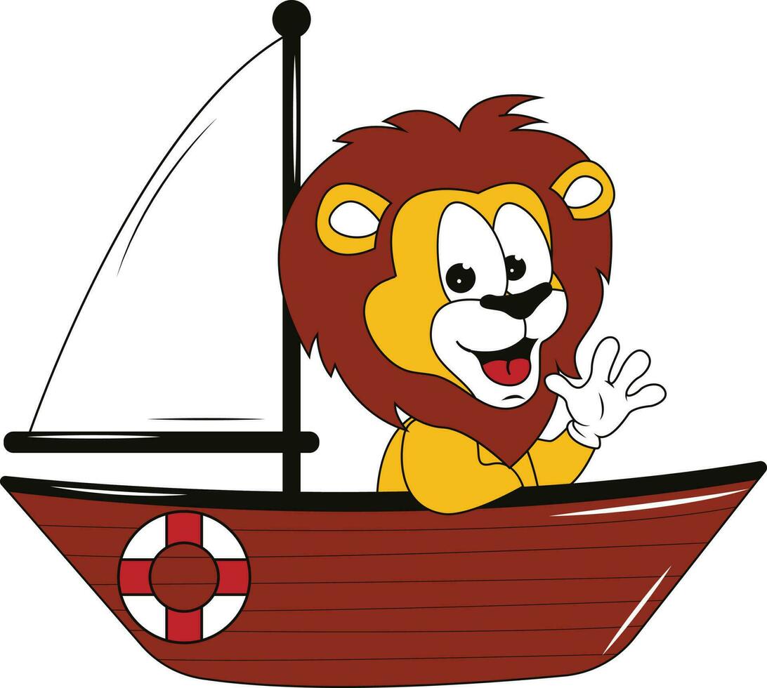 illustratie van een schattig leeuw Aan een boot met een leven boei vector
