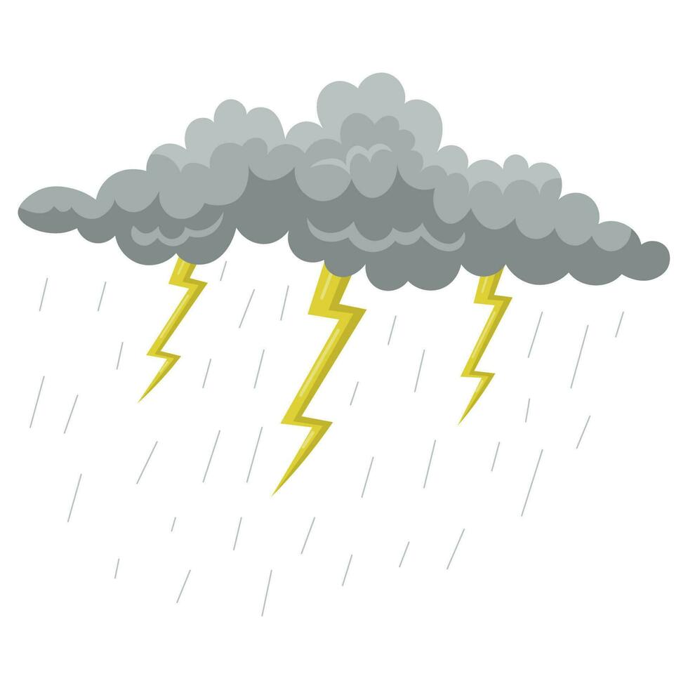 grijs wolk met regen en bliksem. tekening van regen of donder geïsoleerd Aan wit achtergrond. het weer, zomer of herfst concept vector