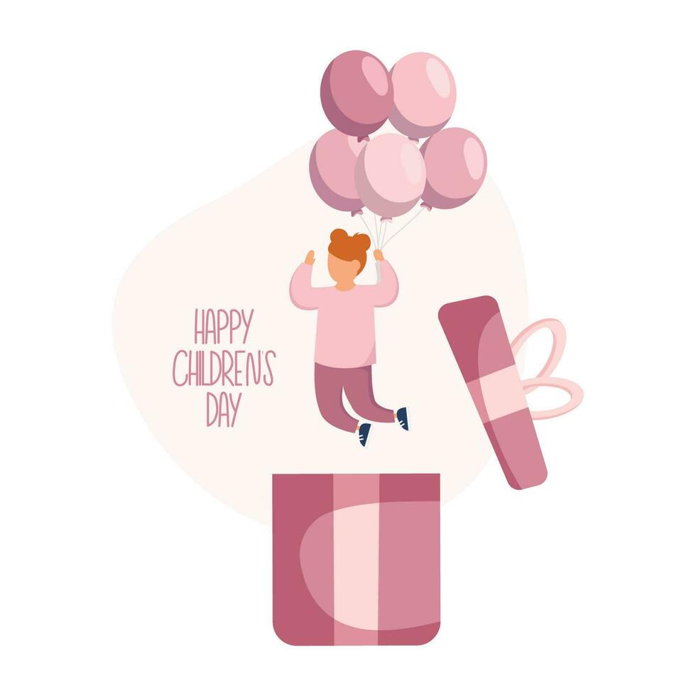 weinig meisje jumping van de reusachtig geschenk doos, Holding ballonnen. gelukkig kinderen dag concept. vector