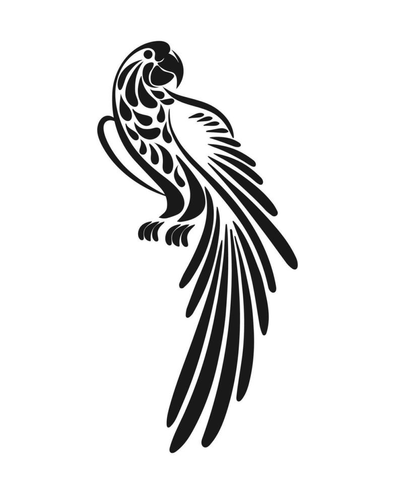 hand- getrokken tropisch papegaai, zwart silhouet met ornament. stencil, tatoeëren, illustratie, vector