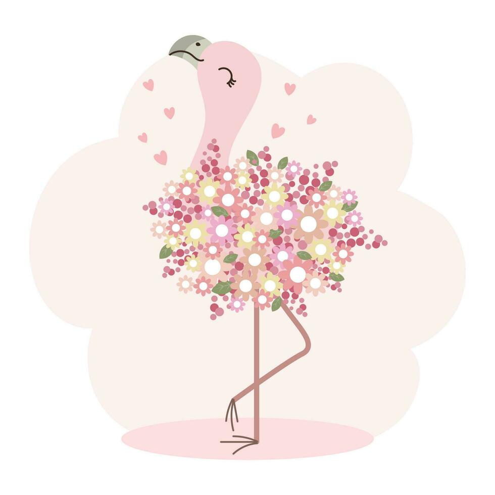 schattig tekenfilm flamingo vogel in delicaat bloemen met harten. kinderen illustratie, ansichtkaart, pastel kleuren, vector